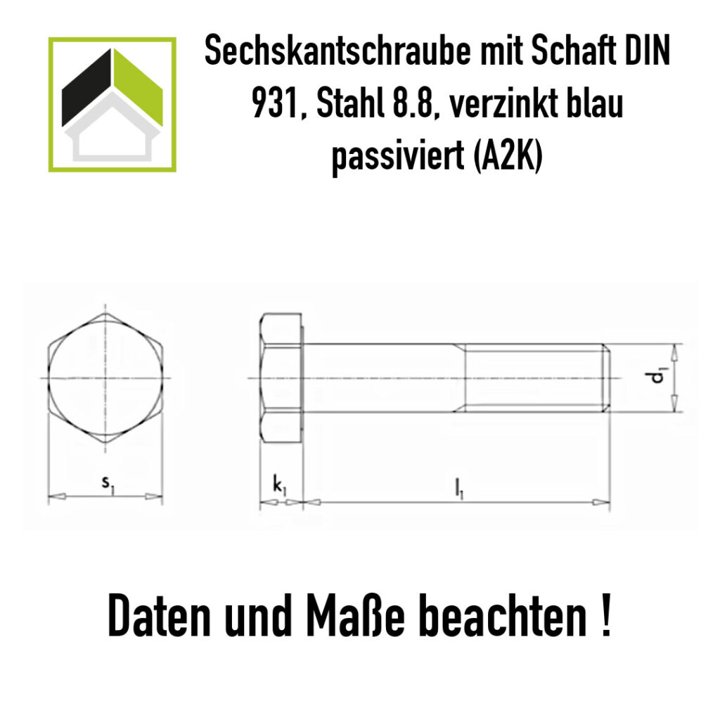 Sechskantschraube mit Schaft ISO 4014, Stahl 8.8, M10
