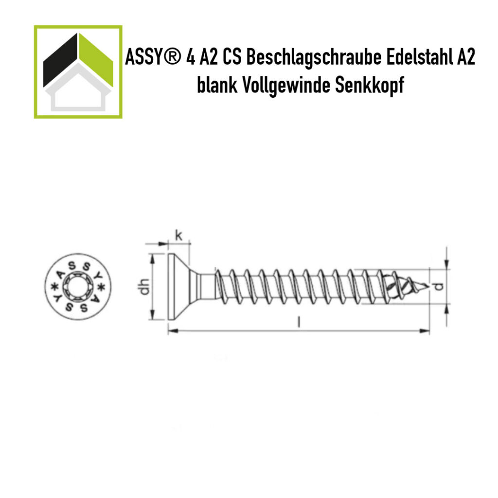 ASSY® 4 A4 CS Beschlagschraube Edelstahl A2 blank Vollgewinde Senkkopf